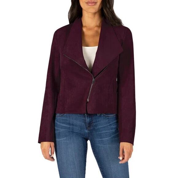 KUT FROM THE KLOTH NEW $89 Carina Faux Suede Drape Moto Jacket Wine Medium - Picture 4 of 4